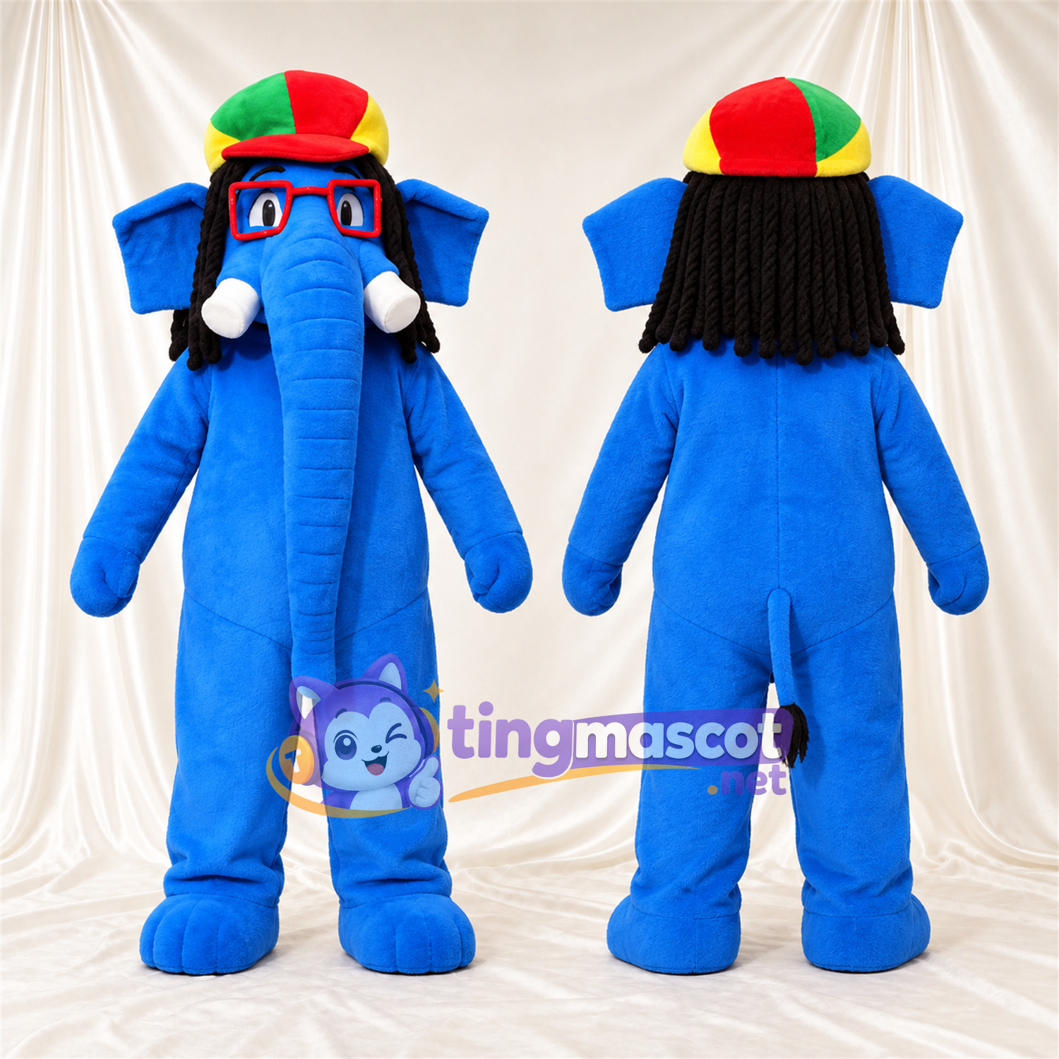 Costume de mascotte Éléphant – bleu – Casquette (multicolore); Lunettes (rouge) Costume de mascotte Éléphant – bleu – Casquette (multicolore); Lunettes (rouge)