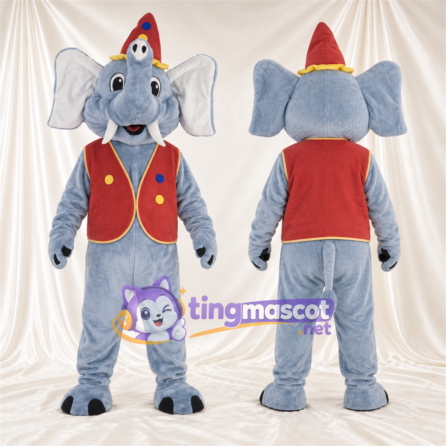 Costume de mascotte Éléphant – gris – Chapeau (rouge); Gilet Costume de mascotte Éléphant – gris – Chapeau (rouge); Gilet