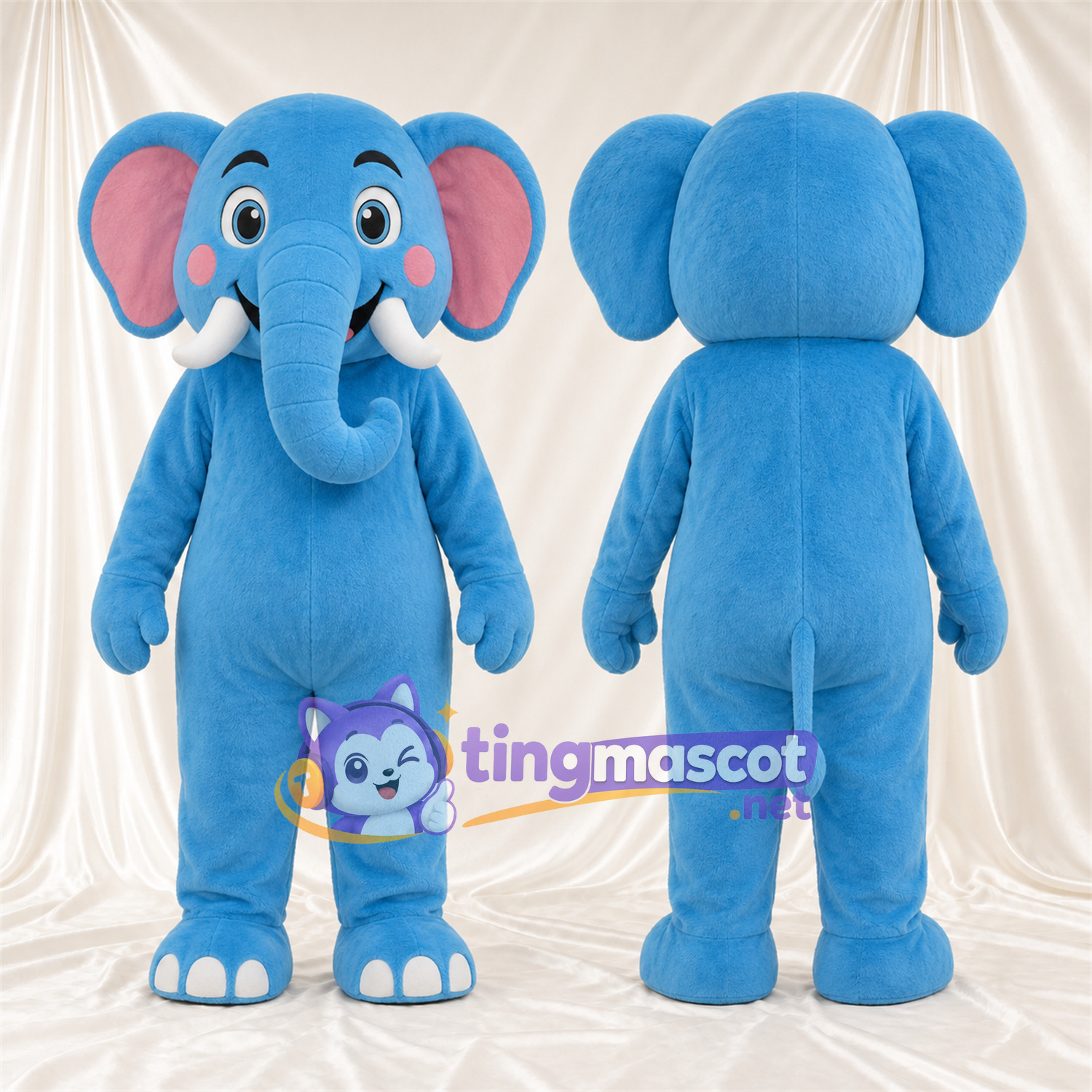 Blue Elephant Mascot Costume - Curled Trunk and White Tusks Blue Elephant Mascot Costume - Curled Trunk and White Tusks