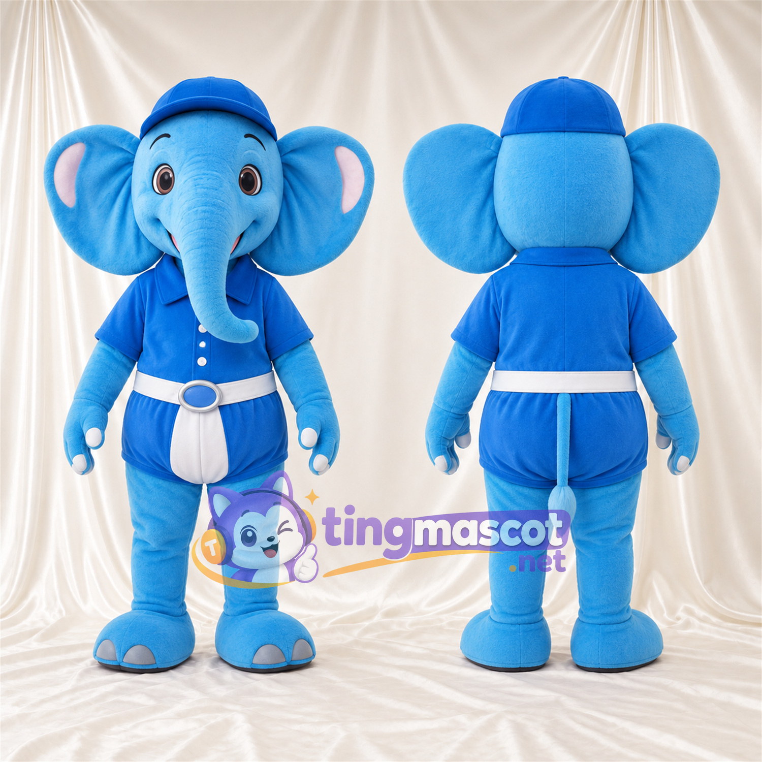 Blue Elephant Mascot Costume - Blue Outfit and Cap Blue Elephant Mascot Costume - Blue Outfit and Cap