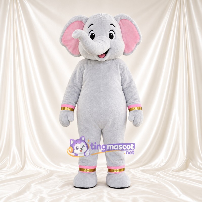 Gray Elephant Mascot Costume - Curled Trunk and Pink and Gold Cuffs Gray Elephant Mascot Costume - Curled Trunk and Pink and Gold Cuffs