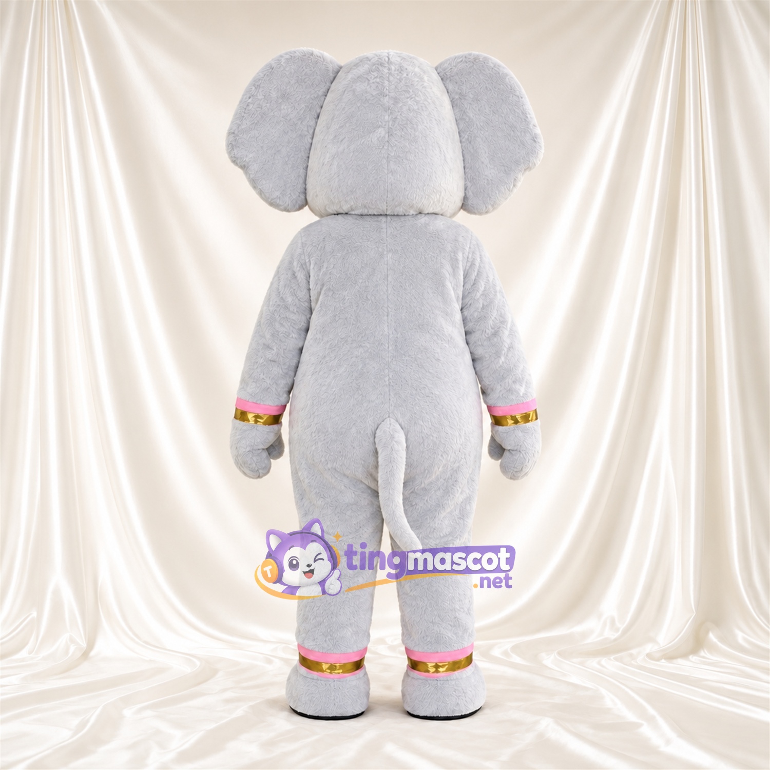 Gray Elephant Mascot Costume - Curled Trunk and Pink and Gold Cuffs Gray Elephant Mascot Costume - Curled Trunk and Pink and Gold Cuffs