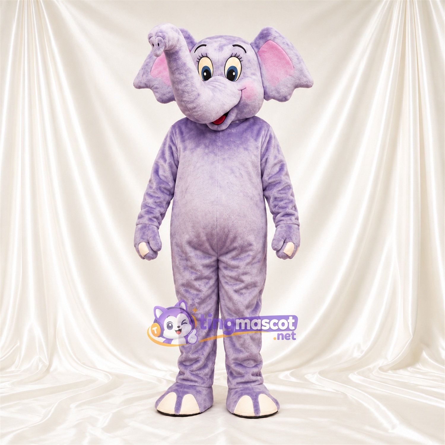 Purple Elephant Mascot Costume - Raised Trunk and White Tusks Purple Elephant Mascot Costume - Raised Trunk and White Tusks