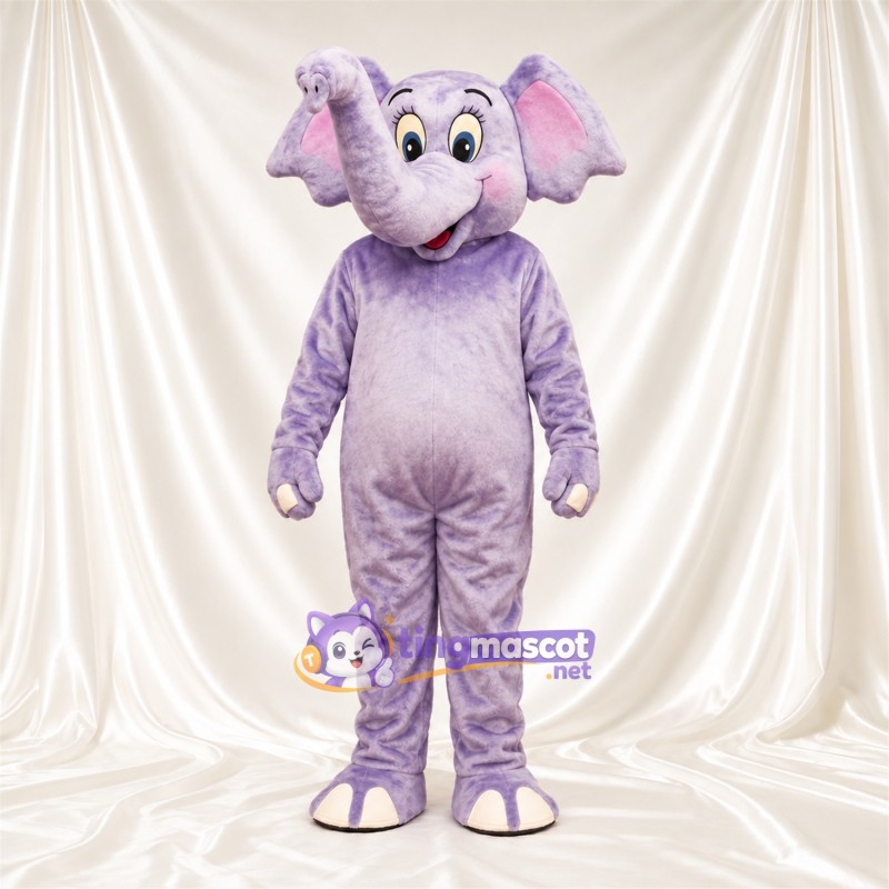 Purple Elephant Mascot Costume - Raised Trunk and White Tusks Purple Elephant Mascot Costume - Raised Trunk and White Tusks