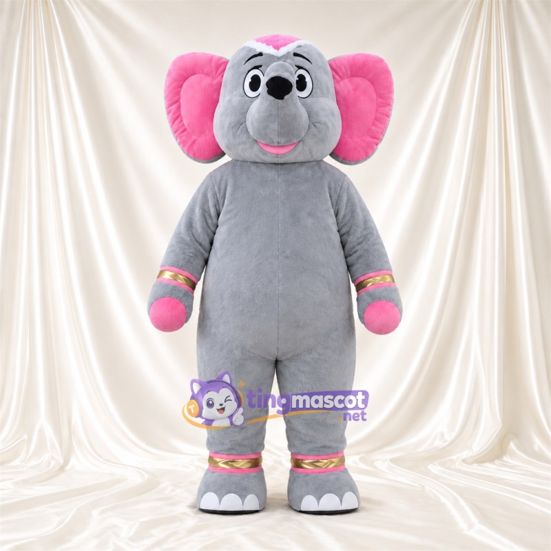 Costume de mascotte Éléphant – gris – Mains (rose); Manchettes (rose / doré) Costume de mascotte Éléphant – gris – Mains (rose); Manchettes (rose / doré)