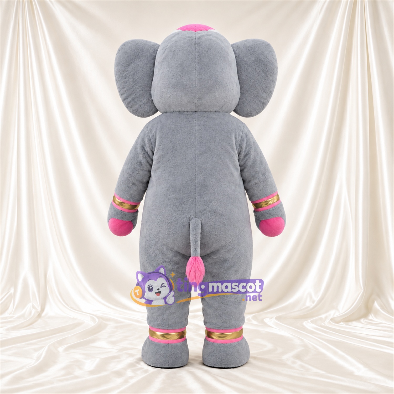 Maskottchenkostüm Elefant – grau – Hände (rosa); Manschetten (rosa / goldfarben) Maskottchenkostüm Elefant – grau – Hände (rosa); Manschetten (rosa / goldfarben)