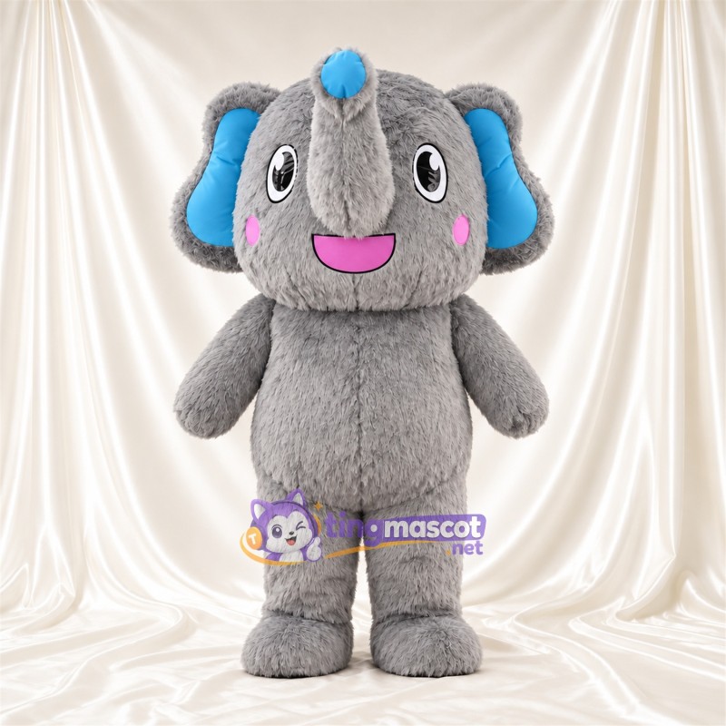Maskottchenkostüm Elefant – grau – Ohreninnenseiten (blau); Erhobener Rüssel Maskottchenkostüm Elefant – grau – Ohreninnenseiten (blau); Erhobener Rüssel