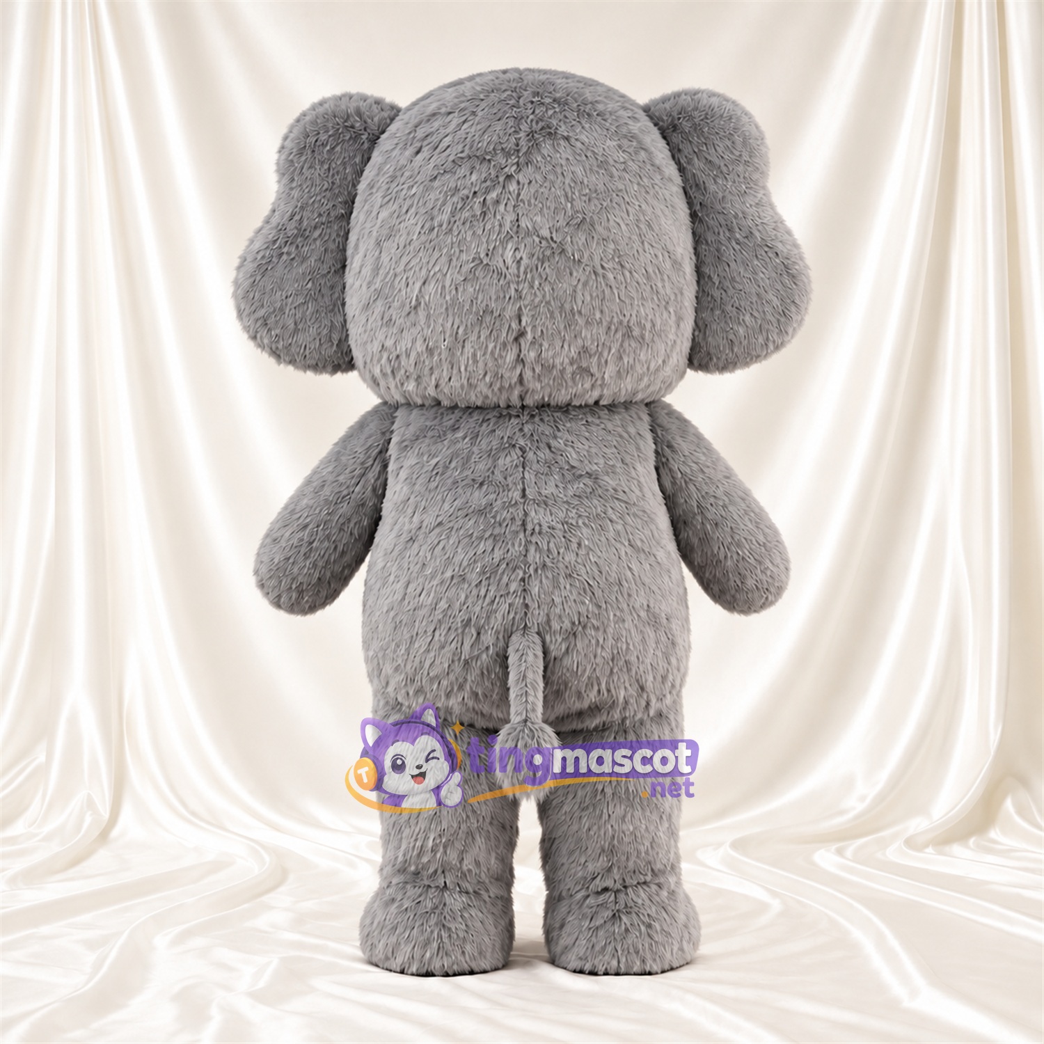 Maskottchenkostüm Elefant – grau – Ohreninnenseiten (blau); Erhobener Rüssel Maskottchenkostüm Elefant – grau – Ohreninnenseiten (blau); Erhobener Rüssel