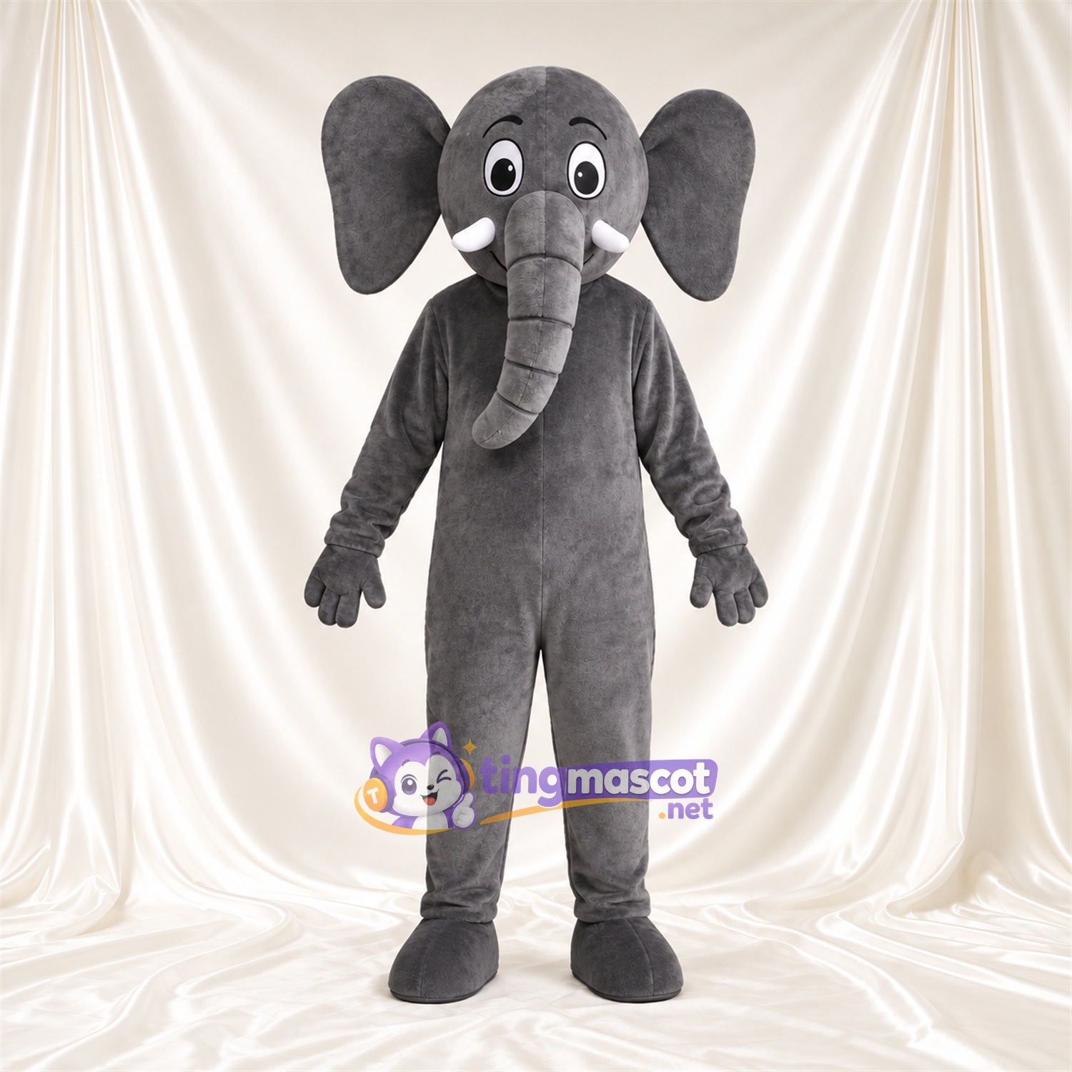 Gray Elephant Mascot Costume - Long Trunk and White Tusks Gray Elephant Mascot Costume - Long Trunk and White Tusks
