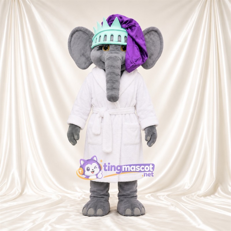Maskottchenkostüm Elefant – grau – Robe (weiß); Krone (türkis) Maskottchenkostüm Elefant – grau – Robe (weiß); Krone (türkis)