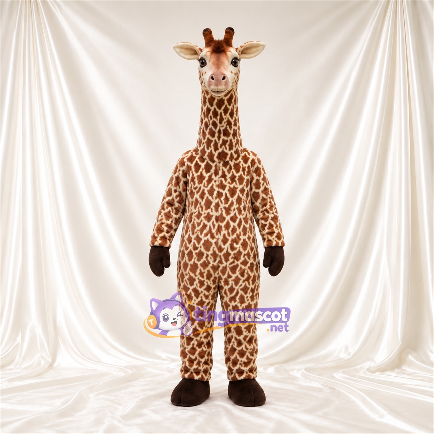 Brown and Cream Giraffe Mascot Costume - Black Gloves and Small Patch Pattern Brown and Cream Giraffe Mascot Costume - Black Gloves and Small Patch Pattern