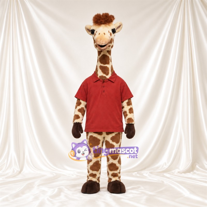 Maskottchenkostüm Giraffe – braun / creme – Poloshirt (rot) Maskottchenkostüm Giraffe – braun / creme – Poloshirt (rot)