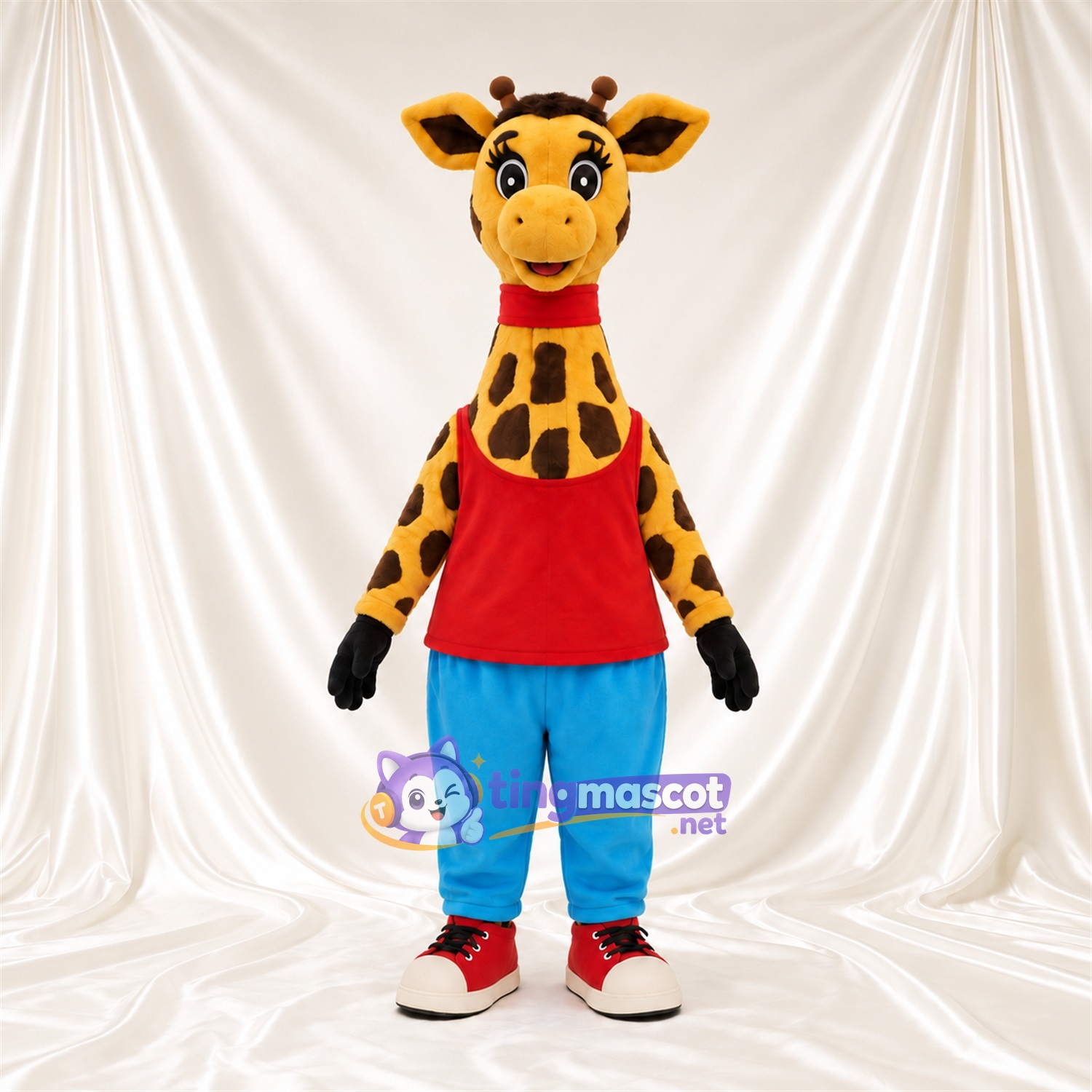 Costume de mascotte Girafe – jaune / marron – Chemise (rouge); Pantalon (bleu) Costume de mascotte Girafe – jaune / marron – Chemise (rouge); Pantalon (bleu)