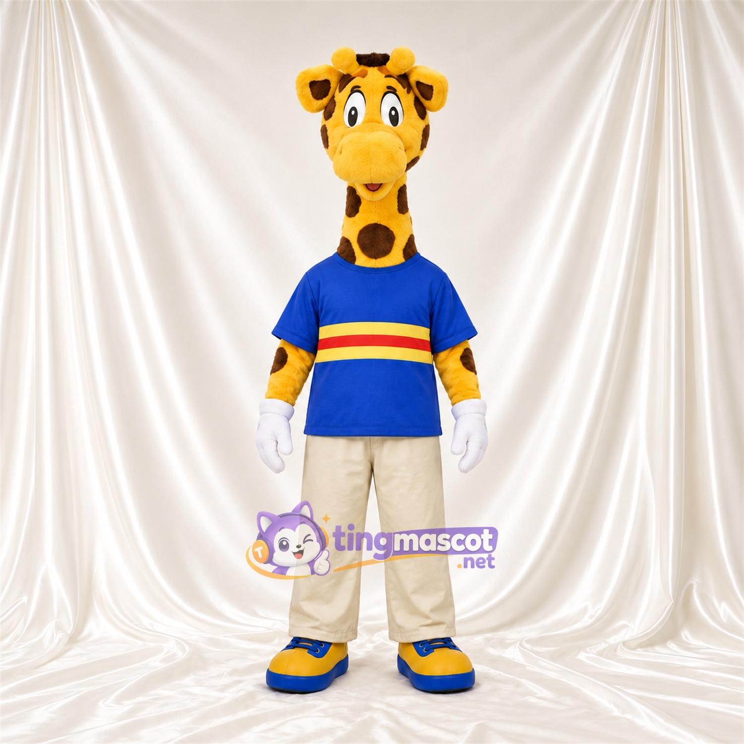 Costume de mascotte Girafe – jaune / marron – Chemise (bleu); Pantalon (crème) Costume de mascotte Girafe – jaune / marron – Chemise (bleu); Pantalon (crème)