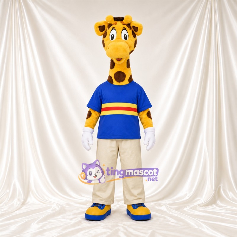 Costume de mascotte Girafe – jaune / marron – Chemise (bleu); Pantalon (crème) Costume de mascotte Girafe – jaune / marron – Chemise (bleu); Pantalon (crème)