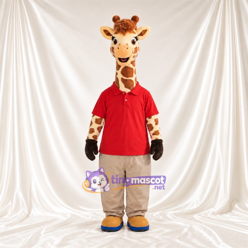 Costume de mascotte Girafe – marron / crème – Chemise (rouge); Pantalon (brun clair) Costume de mascotte Girafe – marron / crème – Chemise (rouge); Pantalon (brun clair)