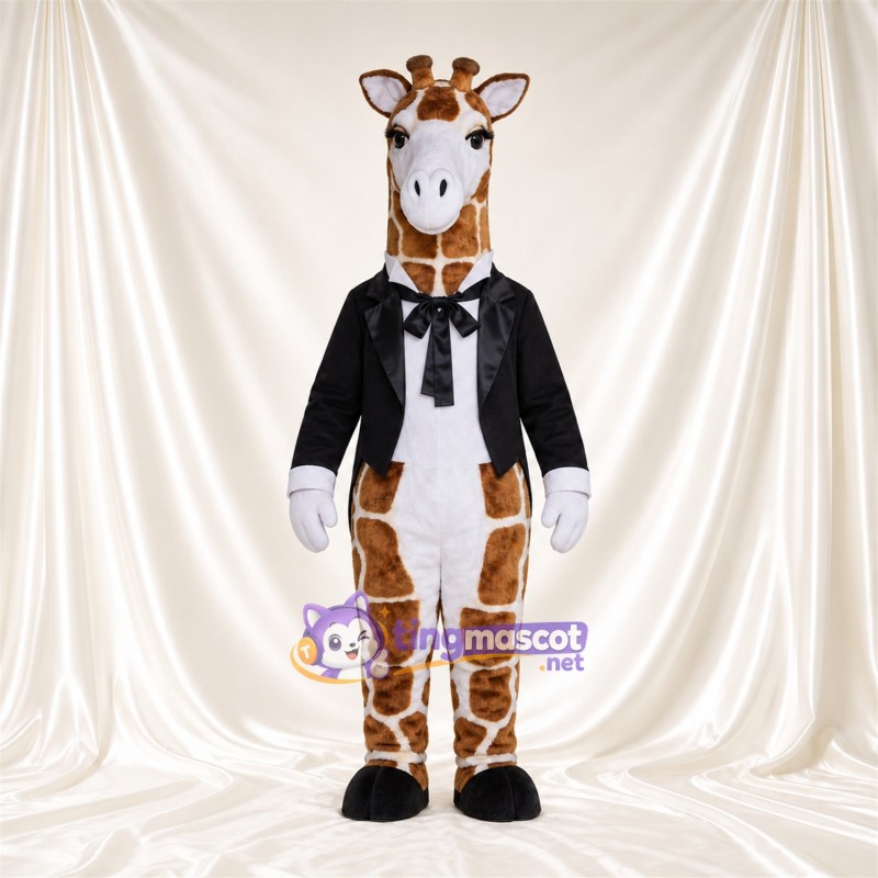 Brown and Cream Giraffe Mascot Costume - Black Jacket and Bow Tie Brown and Cream Giraffe Mascot Costume - Black Jacket and Bow Tie