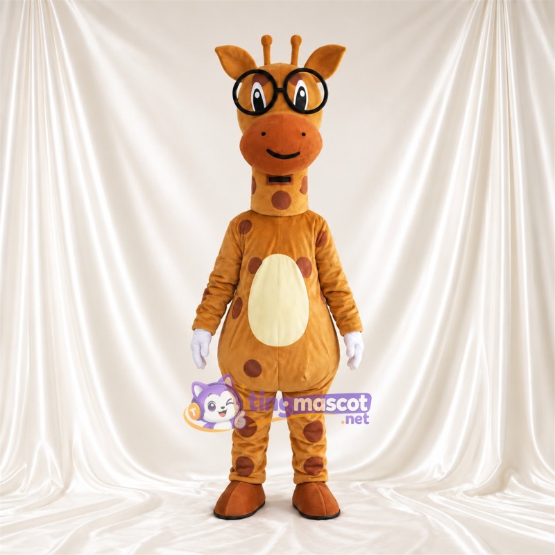 Brown and Cream Giraffe Mascot Costume - Black Glasses Brown and Cream Giraffe Mascot Costume - Black Glasses