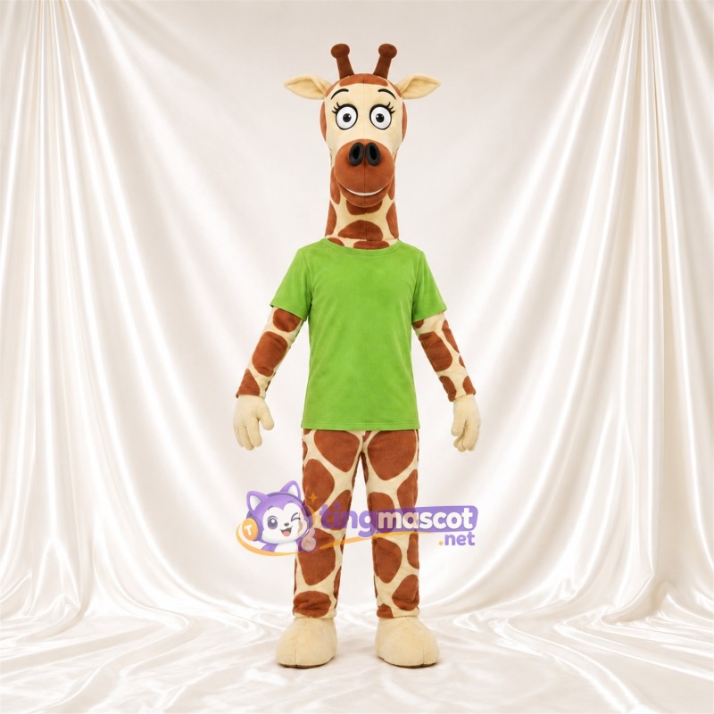 Costume de mascotte Girafe – marron / crème – Chemise (vert); Sabots (crème) Costume de mascotte Girafe – marron / crème – Chemise (vert); Sabots (crème)