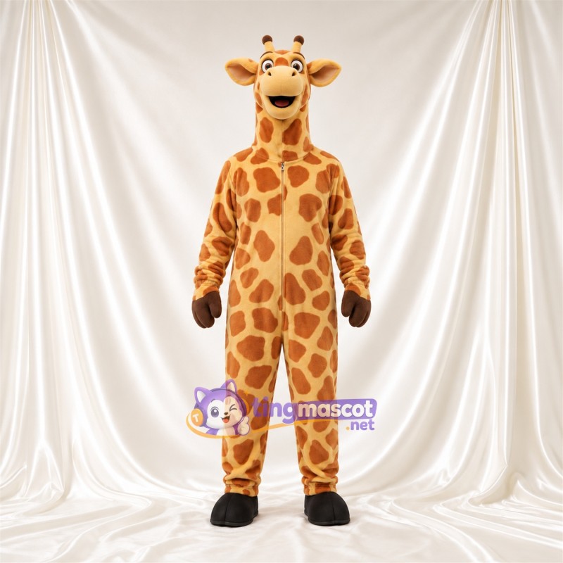 Maskottchenkostüm Giraffe – braun / creme – Lächelndes Gesicht; Großes Fleckenmuster Maskottchenkostüm Giraffe – braun / creme – Lächelndes Gesicht; Großes Fleckenmuster