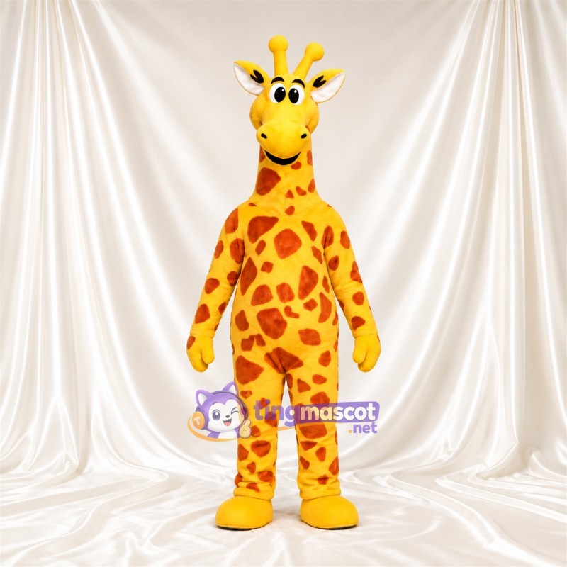 Costume de mascotte Girafe – jaune / marron – Visage souriant; Motif à grandes taches Costume de mascotte Girafe – jaune / marron – Visage souriant; Motif à grandes taches