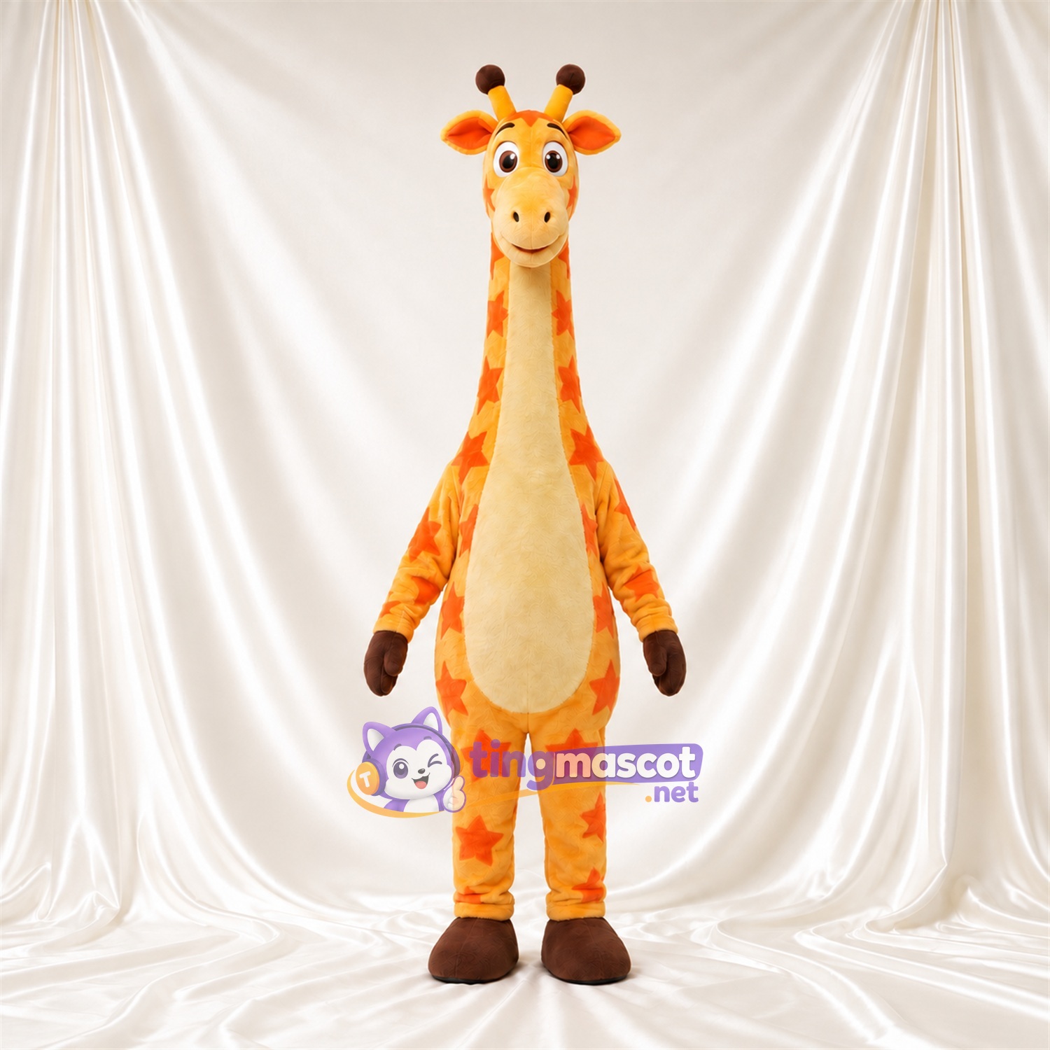 Maskottchenkostüm Giraffe – gelb / orange – Hufe (braun); Sternenmuster Maskottchenkostüm Giraffe – gelb / orange – Hufe (braun); Sternenmuster
