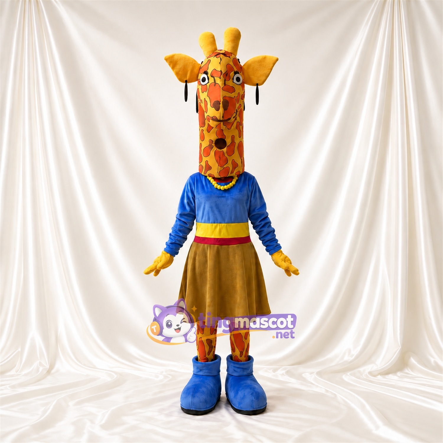 Maskottchenkostüm Giraffe – gelb / braun – Oberteil (blau); Rock (braun) Maskottchenkostüm Giraffe – gelb / braun – Oberteil (blau); Rock (braun)