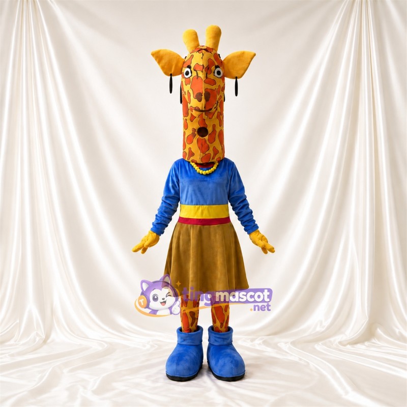 Maskottchenkostüm Giraffe – gelb / braun – Oberteil (blau); Rock (braun)