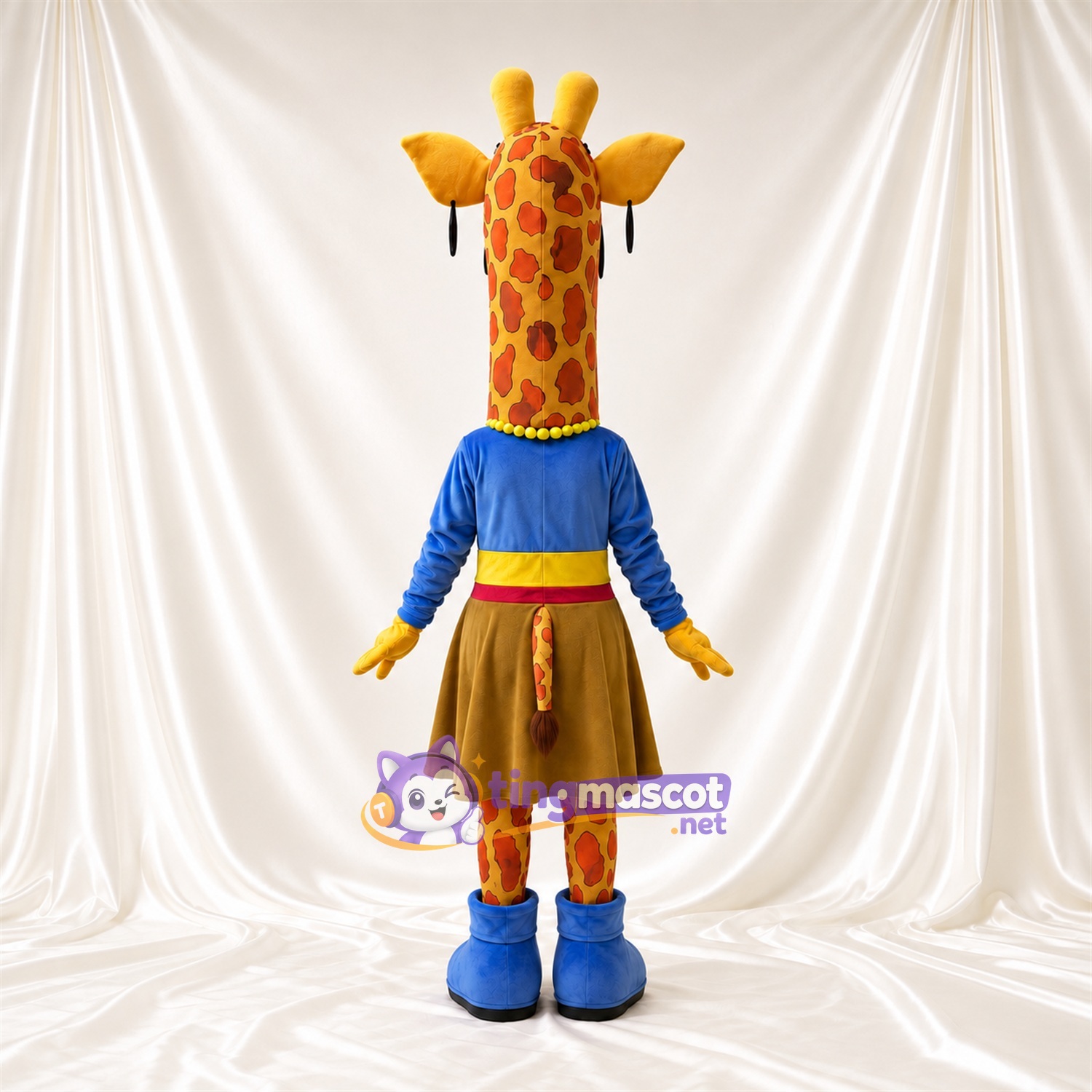 Maskottchenkostüm Giraffe – gelb / braun – Oberteil (blau); Rock (braun) Maskottchenkostüm Giraffe – gelb / braun – Oberteil (blau); Rock (braun)