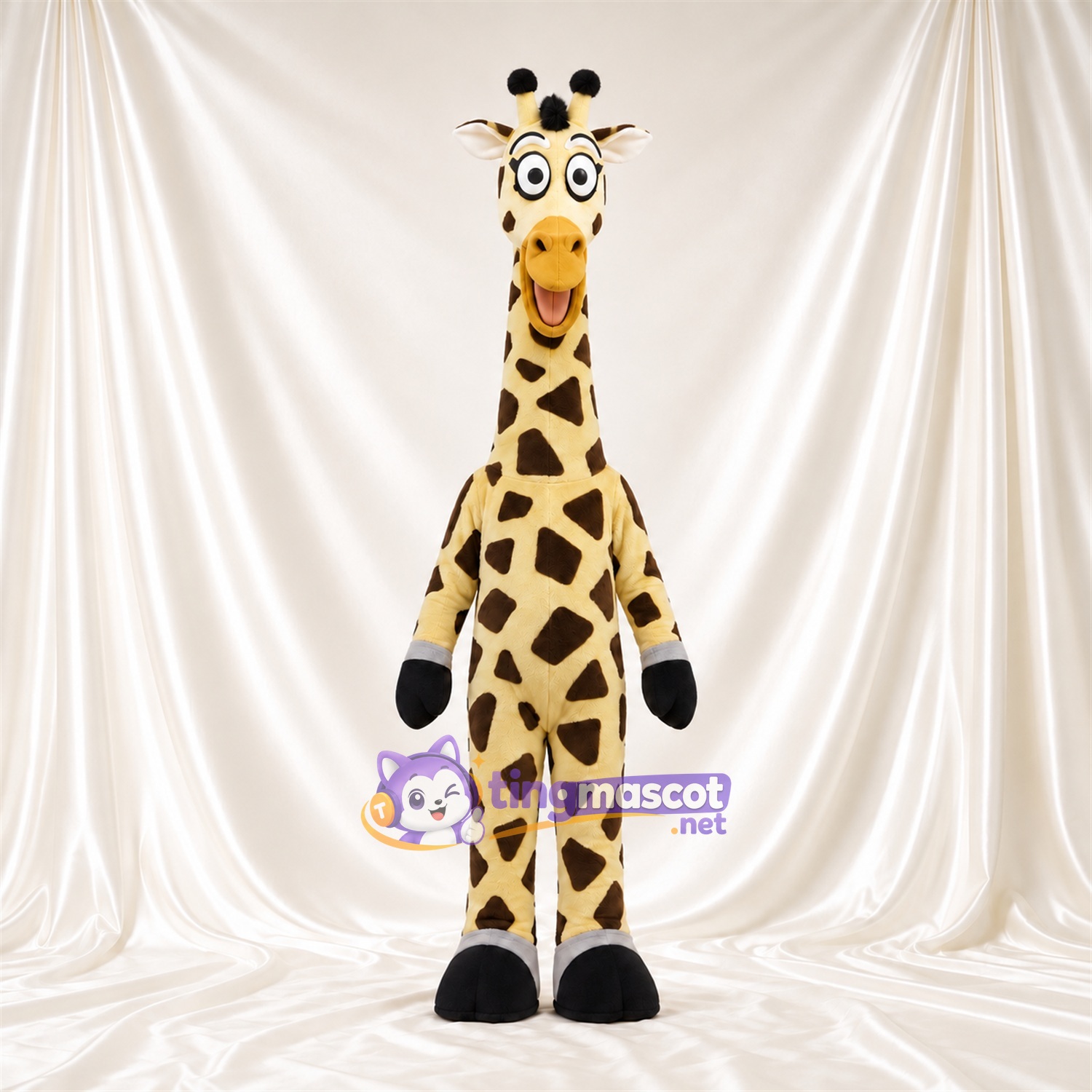 Costume de mascotte Girafe – jaune / noir – Sourire avec dents; Motif à grandes taches Costume de mascotte Girafe – jaune / noir – Sourire avec dents; Motif à grandes taches