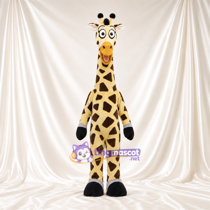 Costume de mascotte Girafe – jaune / noir – Sourire avec dents; Motif à grandes taches Costume de mascotte Girafe – jaune / noir – Sourire avec dents; Motif à grandes taches