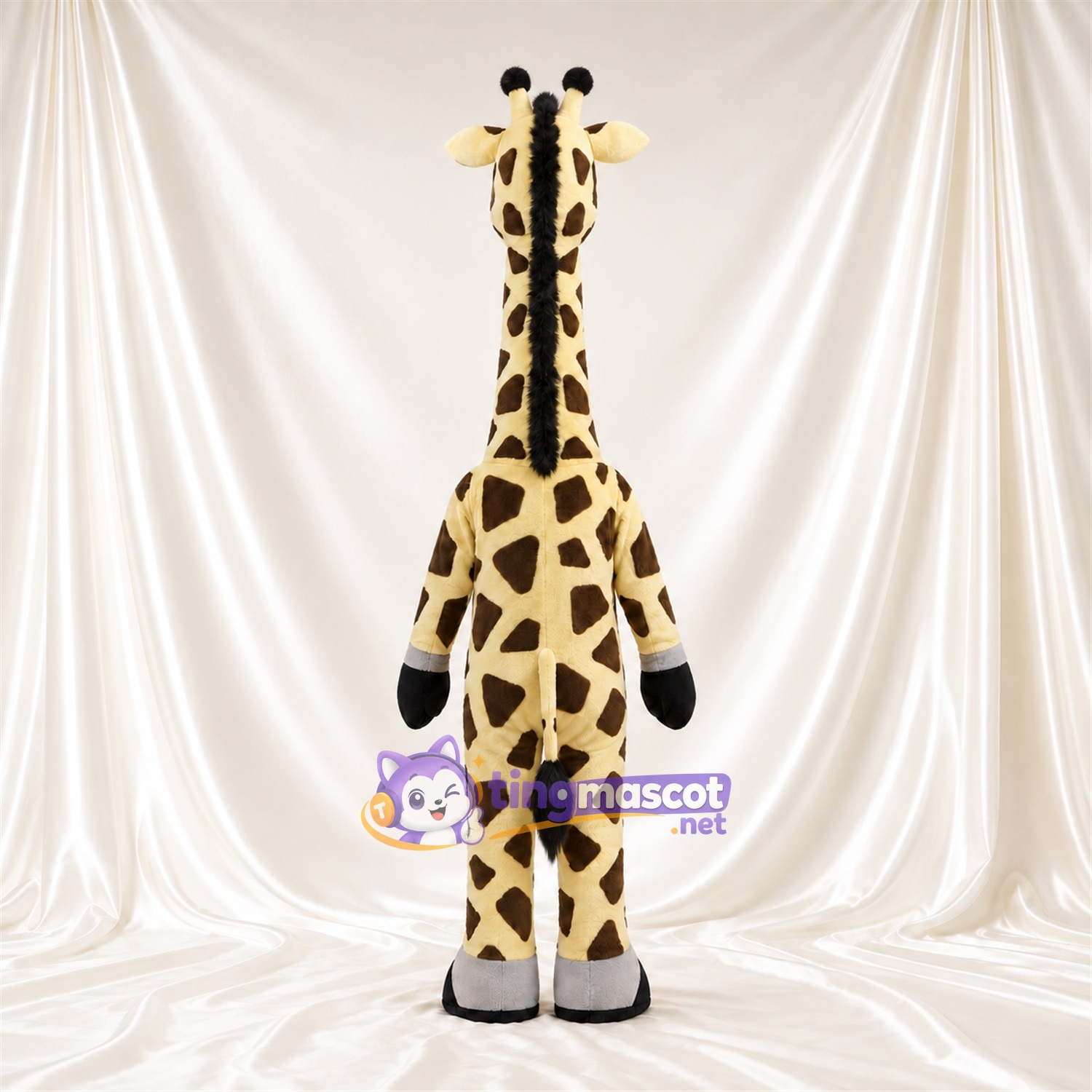 Costume de mascotte Girafe – jaune / noir – Sourire avec dents; Motif à grandes taches Costume de mascotte Girafe – jaune / noir – Sourire avec dents; Motif à grandes taches