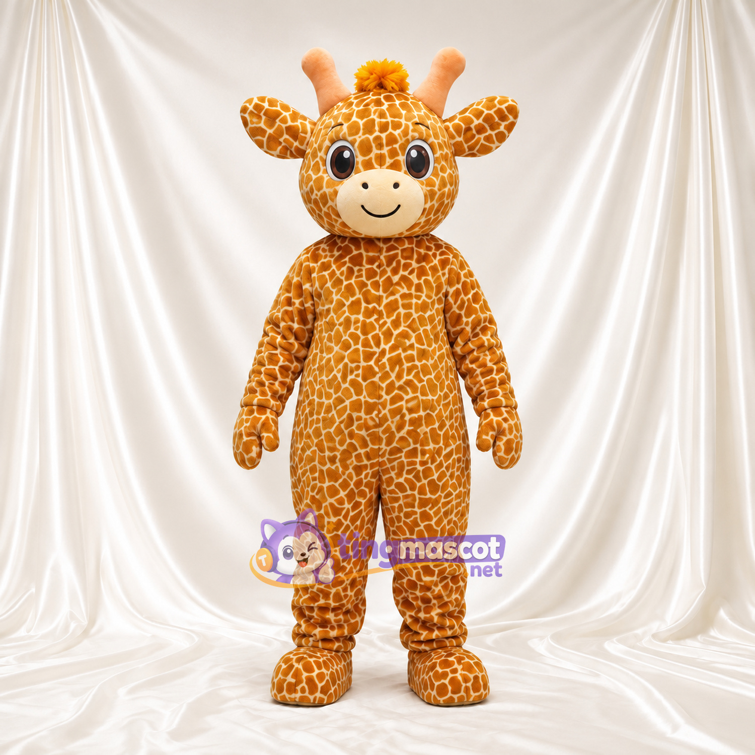 Costume de mascotte Girafe – jaune / marron – Cou court; Motif à petites taches Costume de mascotte Girafe – jaune / marron – Cou court; Motif à petites taches