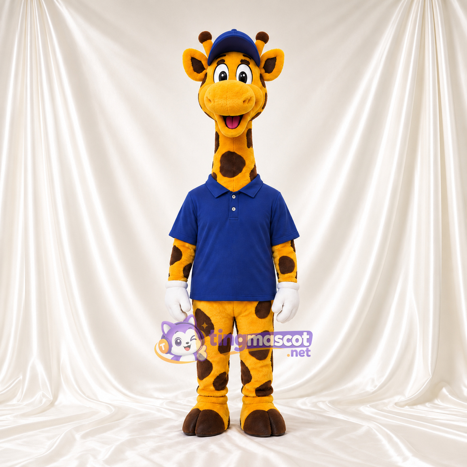 Maskottchenkostüm Giraffe – gelb / schwarz – Poloshirt (blau); Kappe Maskottchenkostüm Giraffe – gelb / schwarz – Poloshirt (blau); Kappe