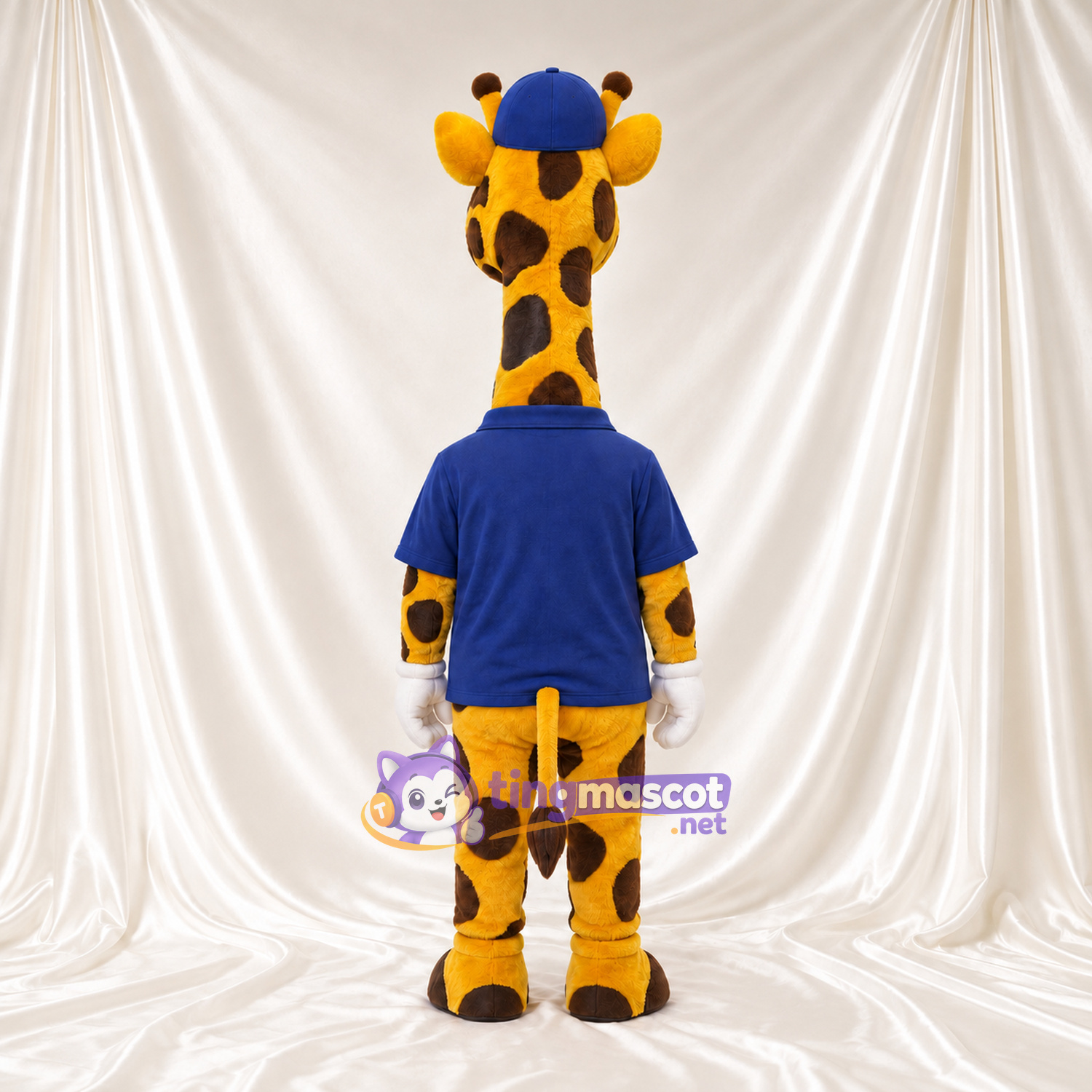 Maskottchenkostüm Giraffe – gelb / schwarz – Poloshirt (blau); Kappe Maskottchenkostüm Giraffe – gelb / schwarz – Poloshirt (blau); Kappe