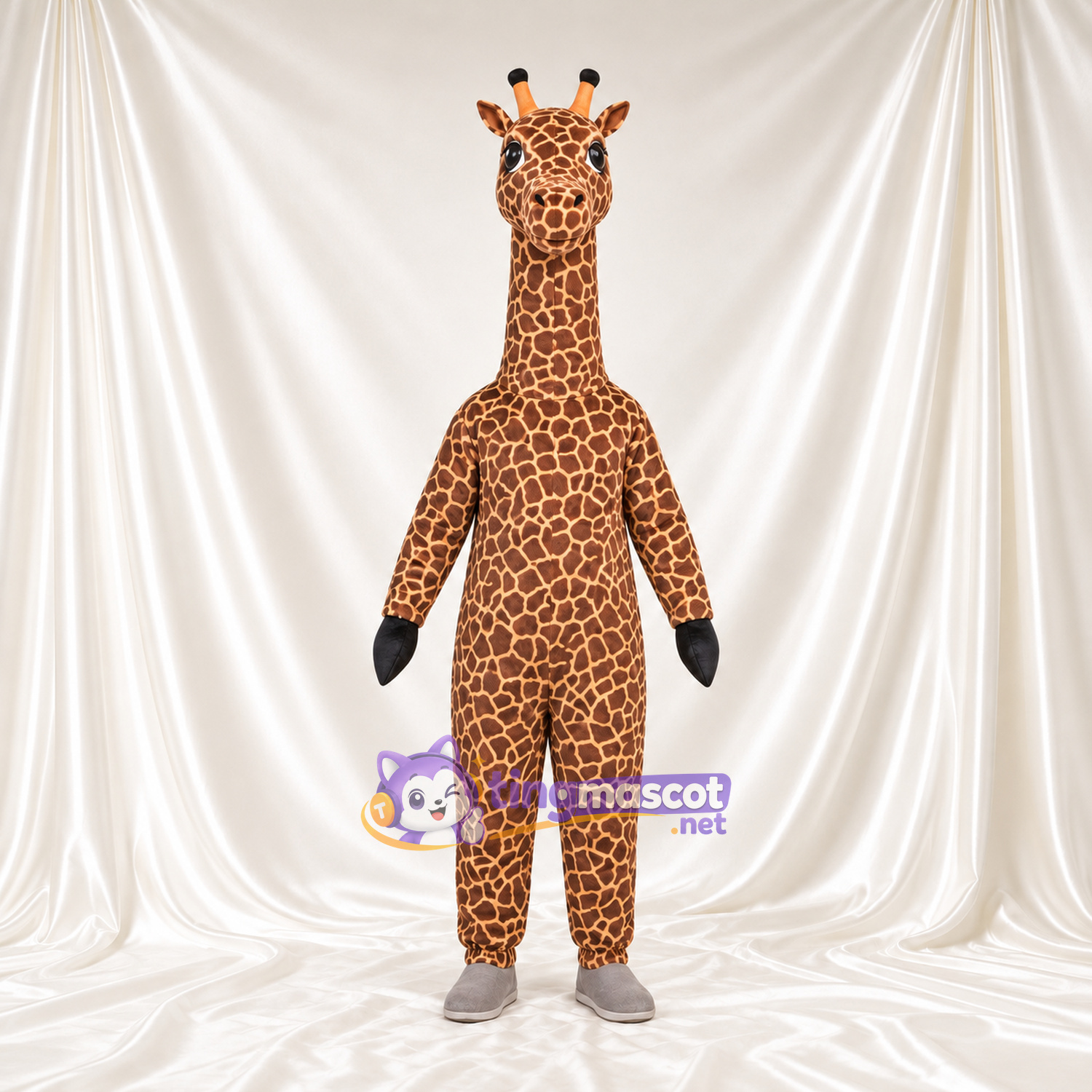 Brown and Cream Giraffe Mascot Costume - Black Gloves and Small Patch Pattern Brown and Cream Giraffe Mascot Costume - Black Gloves and Small Patch Pattern