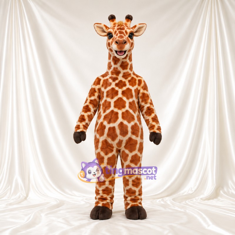Costume de mascotte Girafe – marron / crème – Sourire avec dents; Motif à grandes taches Costume de mascotte Girafe – marron / crème – Sourire avec dents; Motif à grandes taches