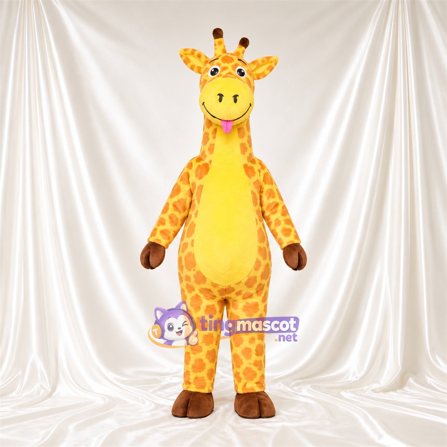 Maskottchenkostüm Giraffe – gelb / braun – Bauch (gelb); Zunge (rosa) Maskottchenkostüm Giraffe – gelb / braun – Bauch (gelb); Zunge (rosa)
