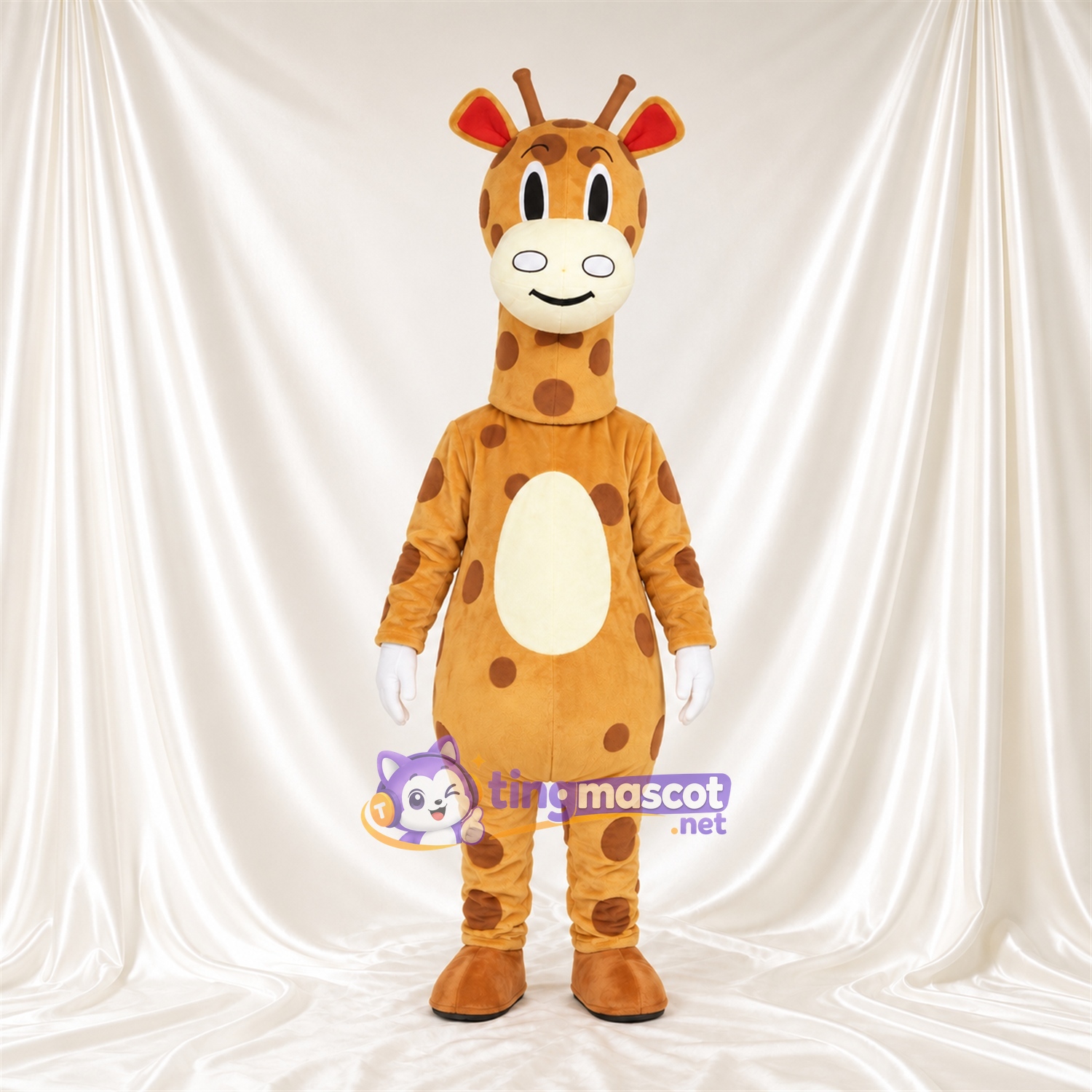 Costume de mascotte Girafe – marron / crème – Gants (blanc); Taches Costume de mascotte Girafe – marron / crème – Gants (blanc); Taches