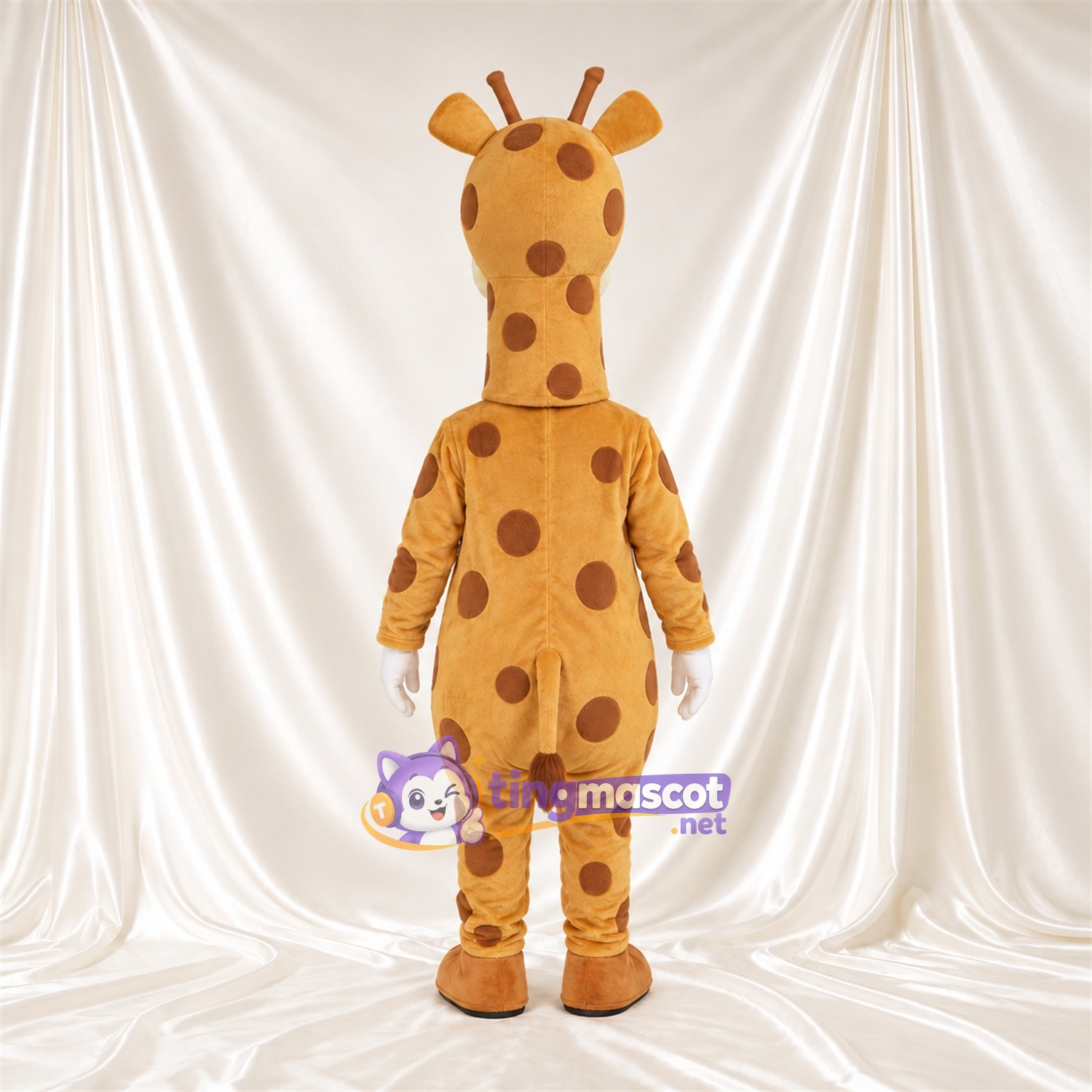 Costume de mascotte Girafe – marron / crème – Gants (blanc); Taches Costume de mascotte Girafe – marron / crème – Gants (blanc); Taches