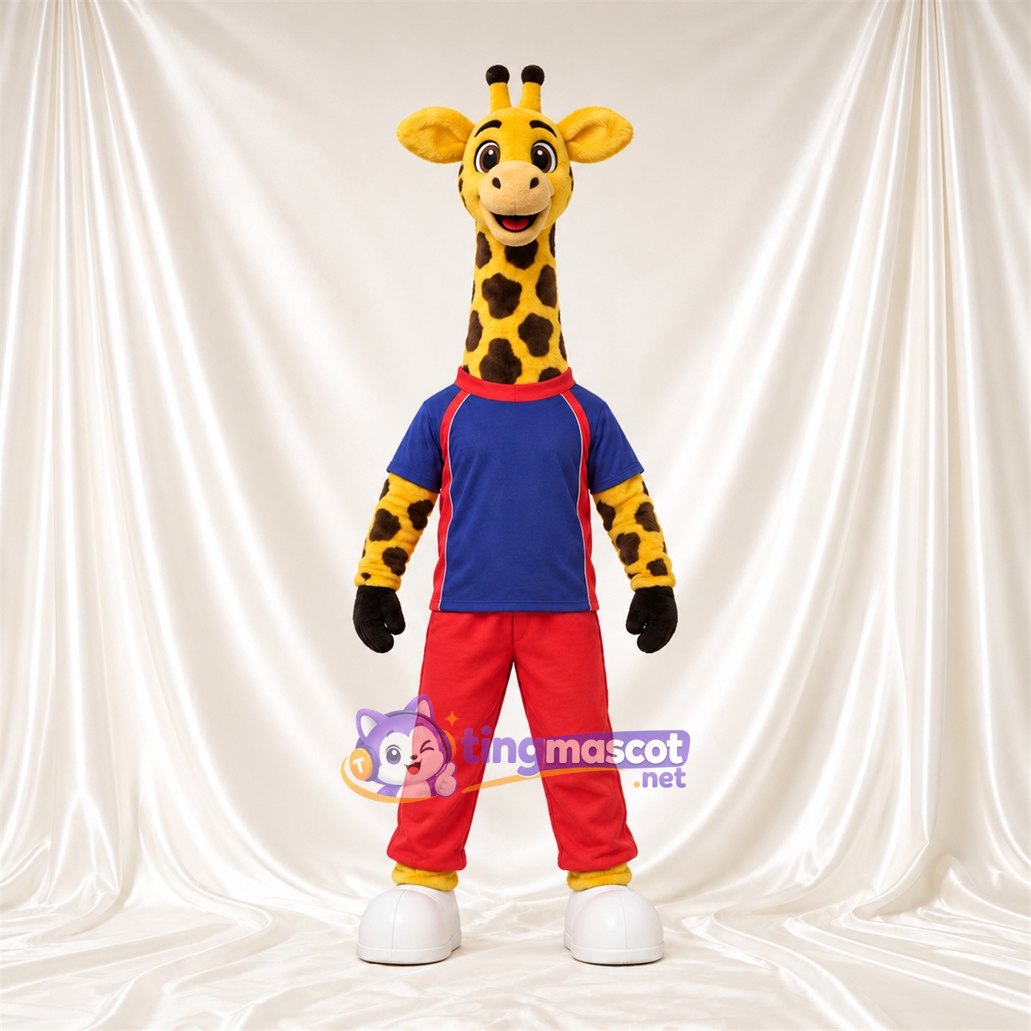 Costume de mascotte Girafe – jaune / marron – Chemise (bleu); Pantalon (rouge) Costume de mascotte Girafe – jaune / marron – Chemise (bleu); Pantalon (rouge)