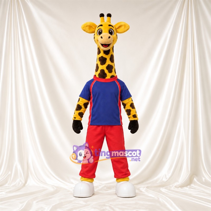 Costume de mascotte Girafe – jaune / marron – Chemise (bleu); Pantalon (rouge) Costume de mascotte Girafe – jaune / marron – Chemise (bleu); Pantalon (rouge)