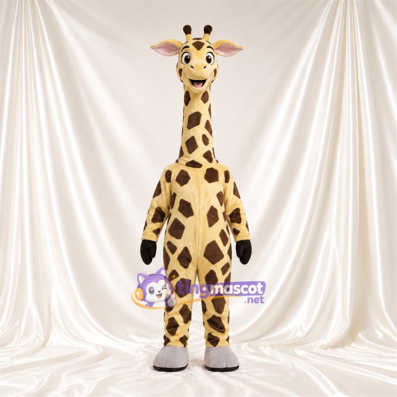 Costume de mascotte Girafe – marron / crème – Sourire avec dents; Motif à grandes taches Costume de mascotte Girafe – marron / crème – Sourire avec dents; Motif à grandes taches
