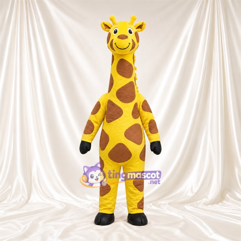 Costume de mascotte Girafe – jaune / marron – Visage souriant; Motif à grandes taches Costume de mascotte Girafe – jaune / marron – Visage souriant; Motif à grandes taches