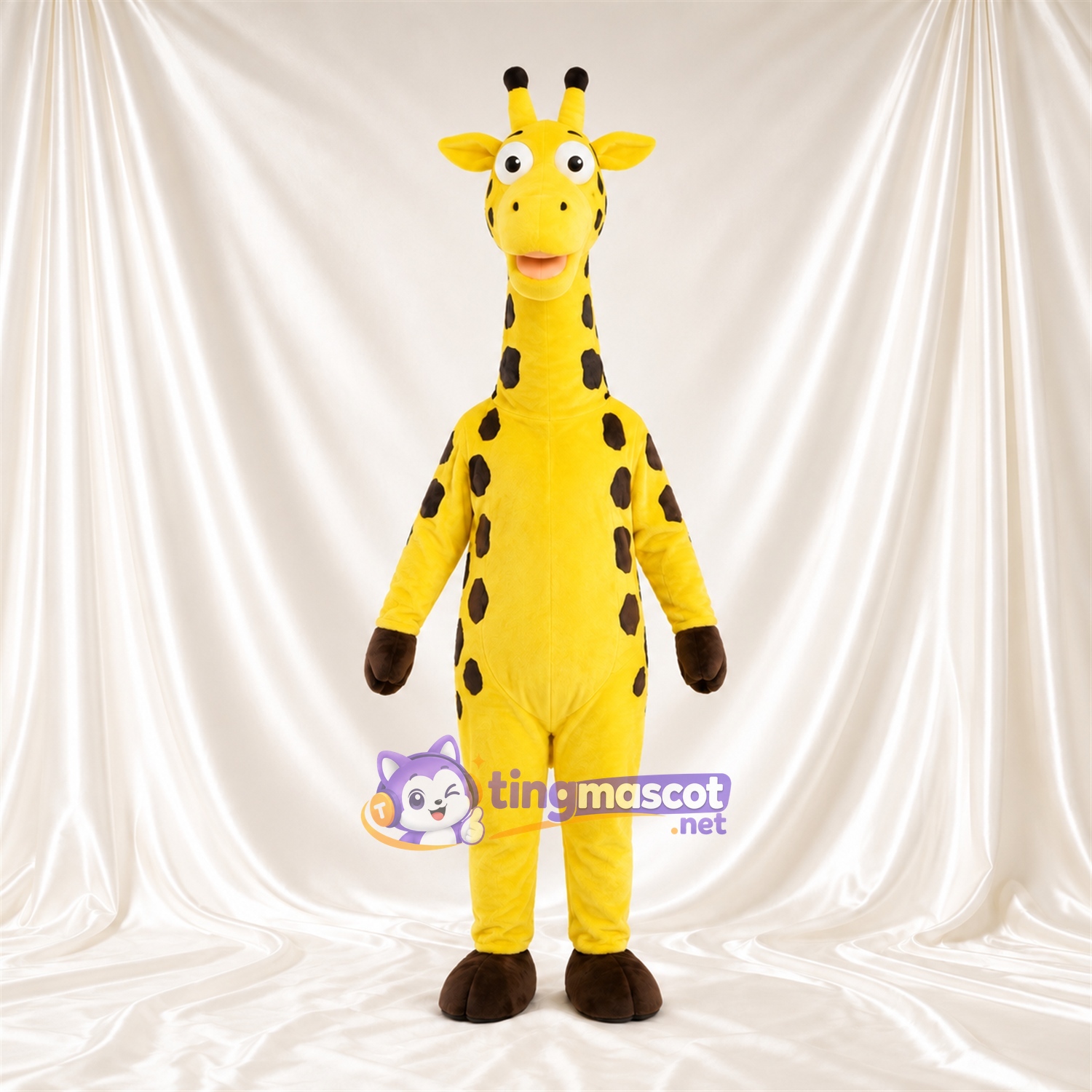 Maskottchenkostüm Giraffe – gelb / schwarz – Hände (braun); Kleines Fleckenmuster Maskottchenkostüm Giraffe – gelb / schwarz – Hände (braun); Kleines Fleckenmuster