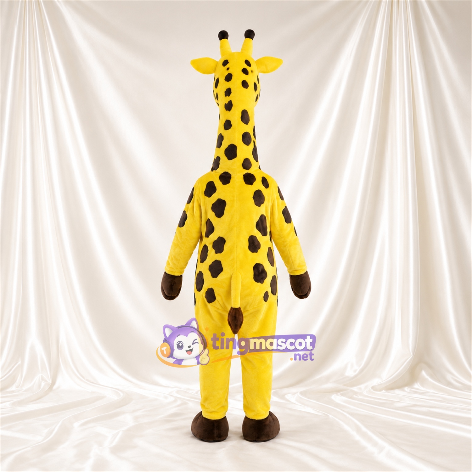 Maskottchenkostüm Giraffe – gelb / schwarz – Hände (braun); Kleines Fleckenmuster Maskottchenkostüm Giraffe – gelb / schwarz – Hände (braun); Kleines Fleckenmuster