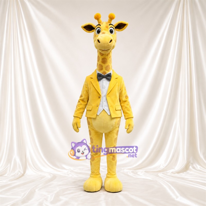Costume de mascotte Girafe – jaune / marron – Costume (jaune); Nœud papillon (noir) Costume de mascotte Girafe – jaune / marron – Costume (jaune); Nœud papillon (noir)