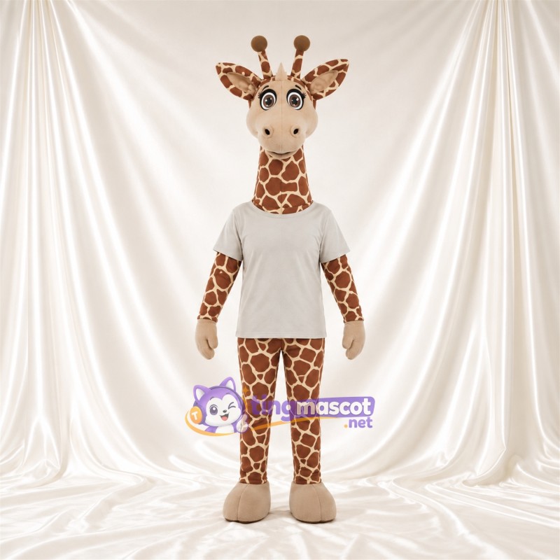 Costume de mascotte Girafe – marron / crème – Chemise (blanc); Visage (crème) Costume de mascotte Girafe – marron / crème – Chemise (blanc); Visage (crème)