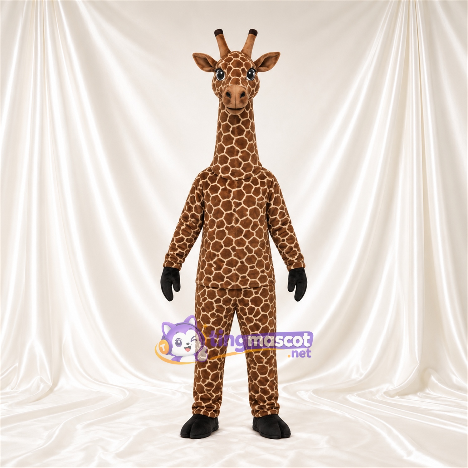 Brown and Cream Giraffe Mascot Costume - Black Gloves and Small Patch Pattern Brown and Cream Giraffe Mascot Costume - Black Gloves and Small Patch Pattern