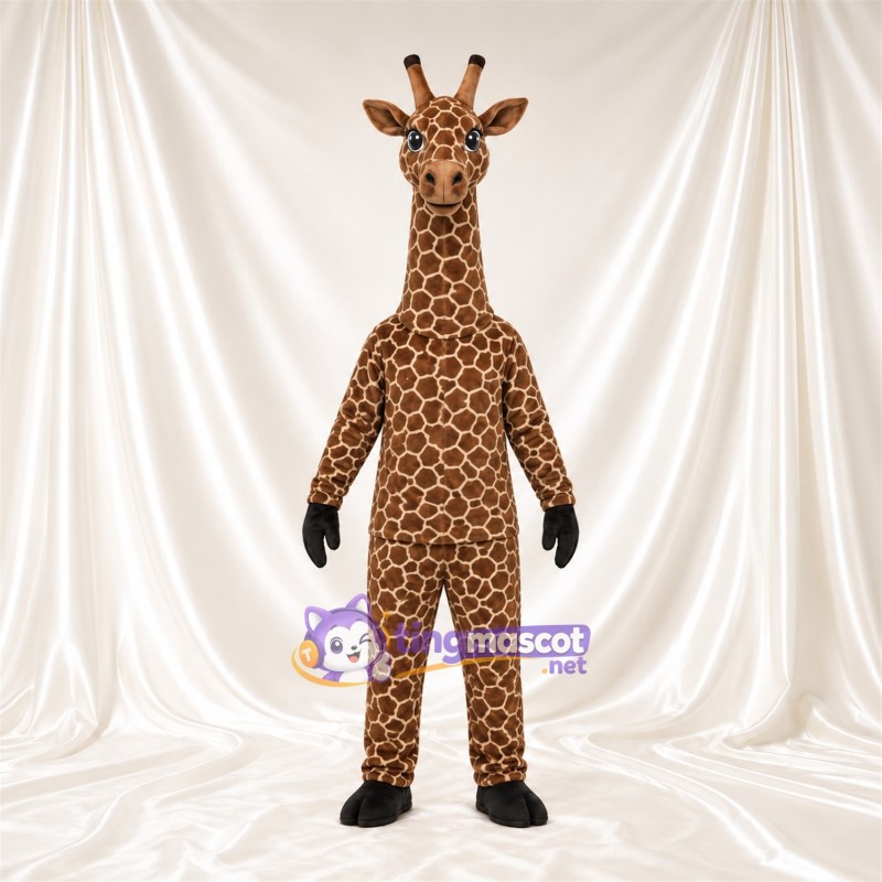 Brown and Cream Giraffe Mascot Costume - Black Gloves and Small Patch Pattern Brown and Cream Giraffe Mascot Costume - Black Gloves and Small Patch Pattern